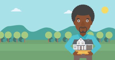 Adam tutan ev modeli vektör illüstrasyon.