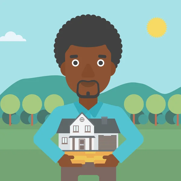 Homme tenant maison modèle vectoriel illustration . — Image vectorielle