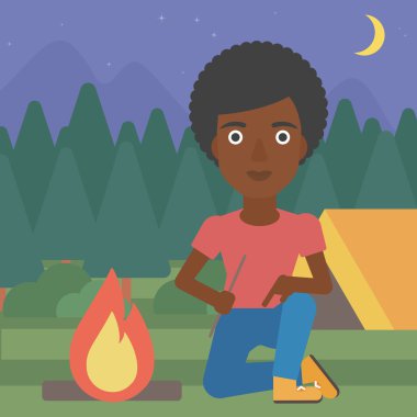 Woman kindling campfire vector illustration.