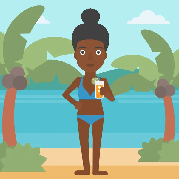 Femme avec cocktail sur la plage . — Image vectorielle