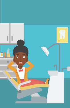 Diş sandalyesinde korkmuş hasta.