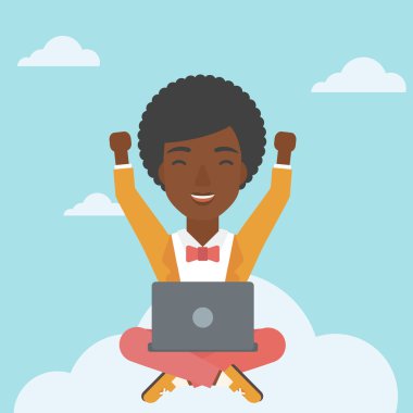 Woman on cloud with laptop vector illustration.