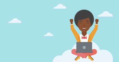 Woman on cloud with laptop vector illustration.