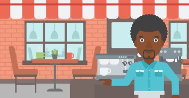 Barista ayakta yakınındaki kahve makinesi.