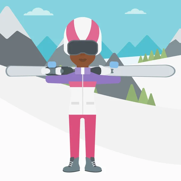 Žena držící lyže vektorové ilustrace. — Stockový vektor