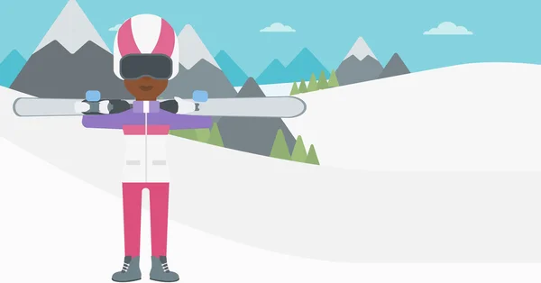 スキーのベクトル図を保持している女性. — ストックベクタ