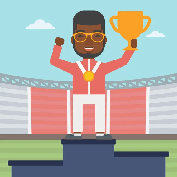 Sportsman celebrating on the winners podium. — Stock Vector