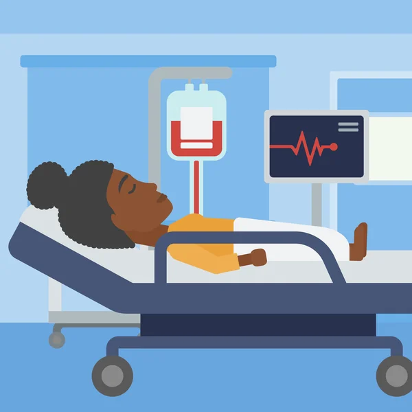 Mujer acostada en cama de hospital . — Vector de stock