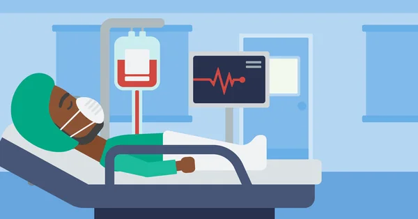 Patient lying in hospital bed with heart monitor. — Stockvector