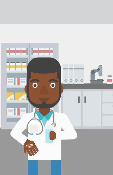 Pharmacien donnant des pilules et un verre d'eau . — Image vectorielle