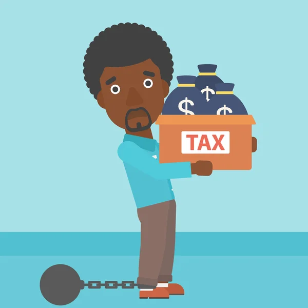 Przykuty biznesmen z torbami pełnymi podatków. — Wektor stockowy