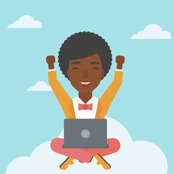 Woman on cloud with laptop vector illustration. — 스톡 벡터
