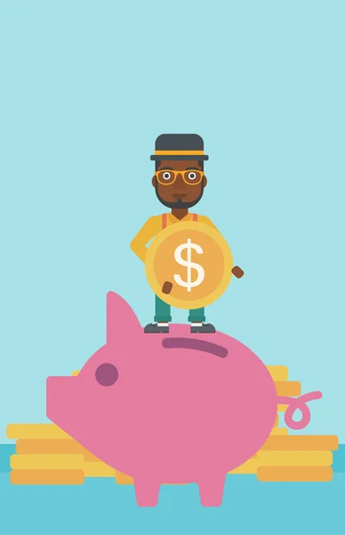 Homem colocando moeda na ilustração do vetor do banco porquinho — Vetor de Stock