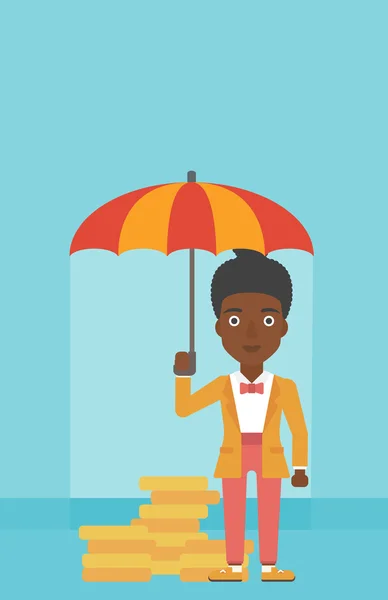 Mulher de negócios com guarda-chuva proteger o dinheiro . — Vetor de Stock