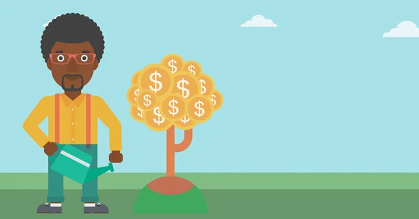 Hombre riego árbol de dinero vector ilustración . — Vector de stock