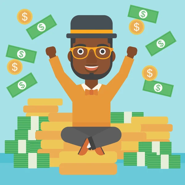 Happy businessman sitting on coins. — Stock Vector