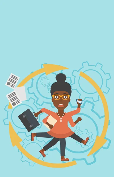 Mujer de negocios haciendo frente a la multitarea . — Vector de stock