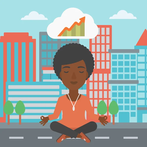 Mujer de negocios pacífica haciendo yoga . — Vector de stock