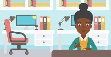 Woman using three D pen vector illustration.