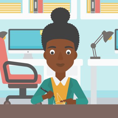 Woman using three D pen vector illustration.