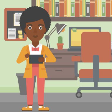 Woman using tablet computer vector illustration.