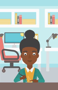 Woman using three D pen vector illustration.