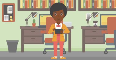 Woman using tablet computer vector illustration.