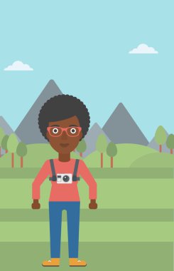 Woman with camera on chest vector illustration.