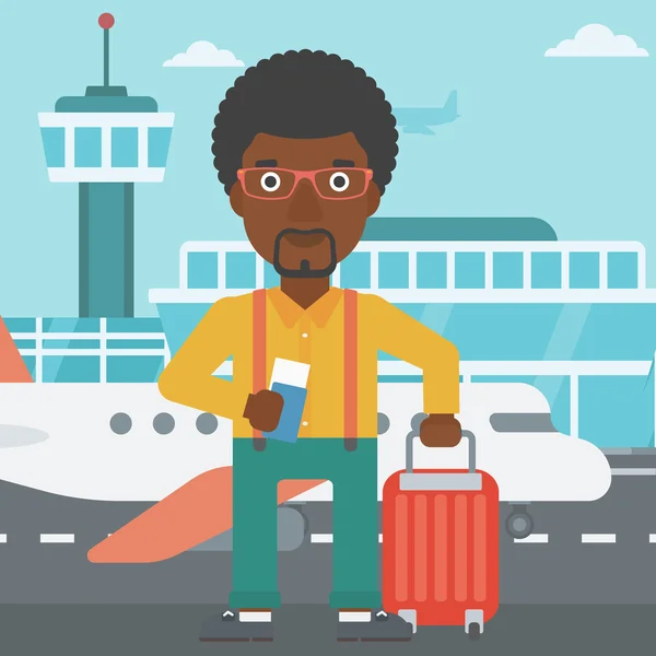 Ο άνθρωπος με την βαλίτσα και εισιτηρίων στο αεροδρόμιο. — Διανυσματικό Αρχείο