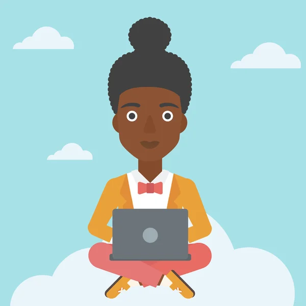 Kvinna med hjälp av cloud computing-teknik. — Stock vektor