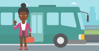 Woman travelling by bus vector illustration.