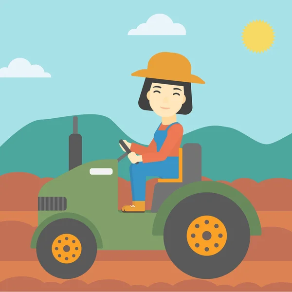 Female farmer driving tractor vector illustration. — Stock Vector