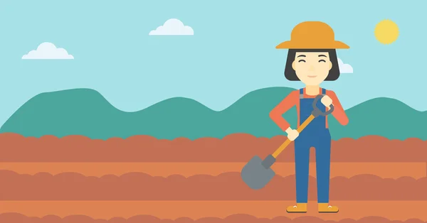 Female farmer with shovel vector illustration. — Stock Vector