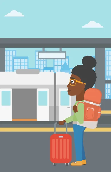 Mujer en la estación de tren vector ilustración . — Vector de stock