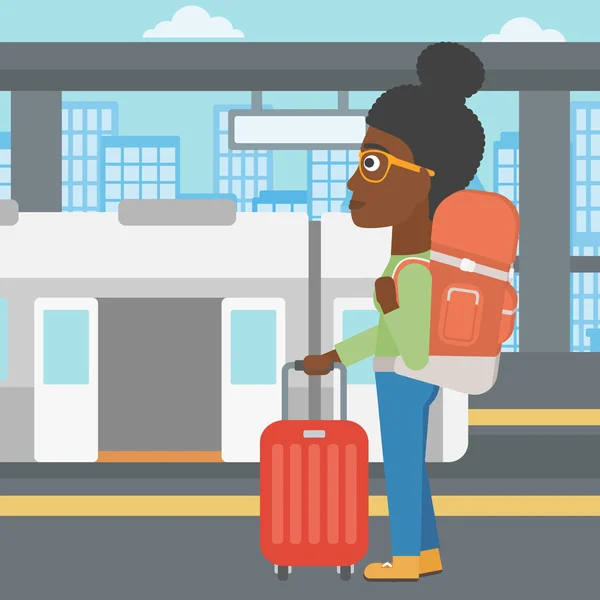 Mujer en la estación de tren vector ilustración . — Vector de stock