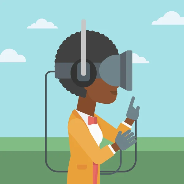 Mujer con auriculares de realidad virtual . — Vector de stock