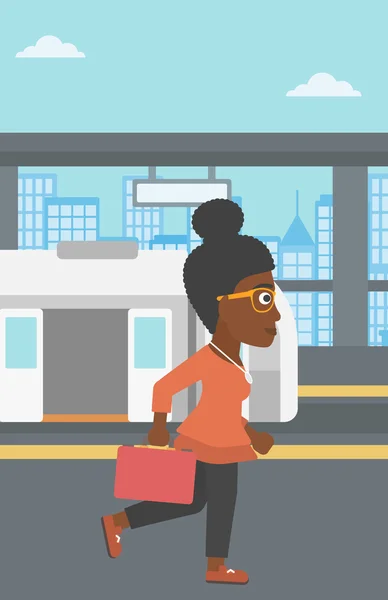 Woman at the train station vector illustration. — 스톡 벡터