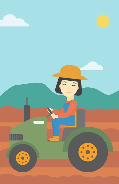 トラクターのベクトル図を運転の女性の農民. — ストックベクタ