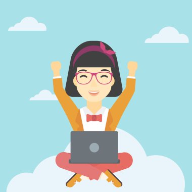 Woman on cloud with laptop vector illustration.