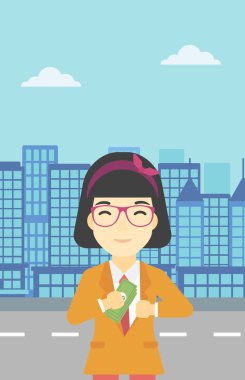 Cep vektör çizim içinde para koyarak kadın.