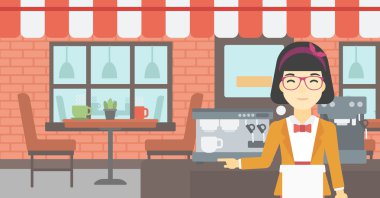 Barista ayakta yakınındaki kahve makinesi.