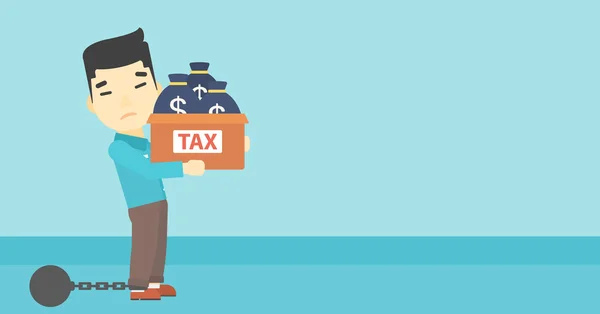 税金でいっぱいのバッグを持つチェーンビジネスマン. — ストックベクタ