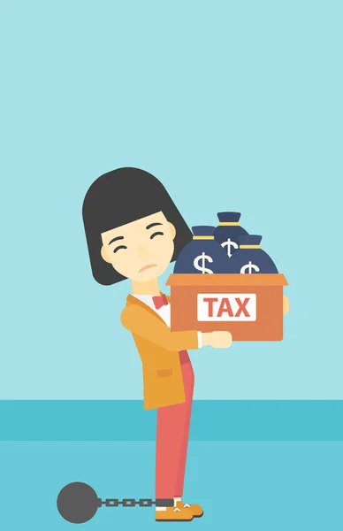 チェーン ビジネスの女性と税金の袋. — ストックベクタ