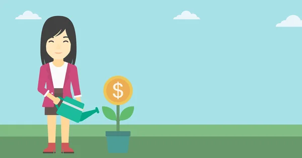 Mujer de negocios regando flor de dinero . — Vector de stock