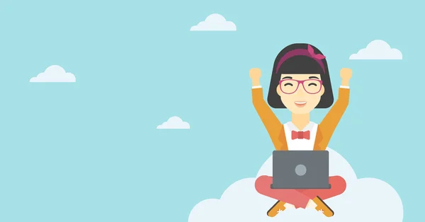 Woman on cloud with laptop vector illustration. — 图库矢量图片