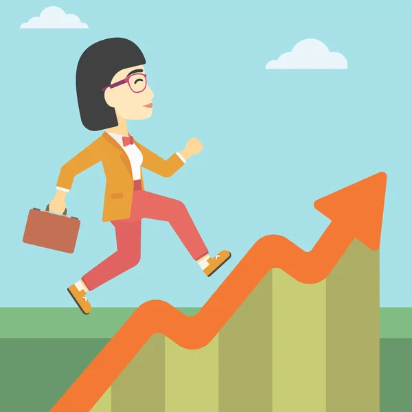 Business woman running along the growth graph. — Stock Vector