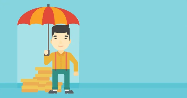 Businessman with umbrella protecting money. — Stock Vector