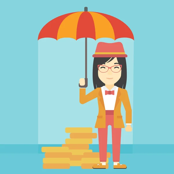 Üzleti nő esernyő védelme pénz. — Stock Vector