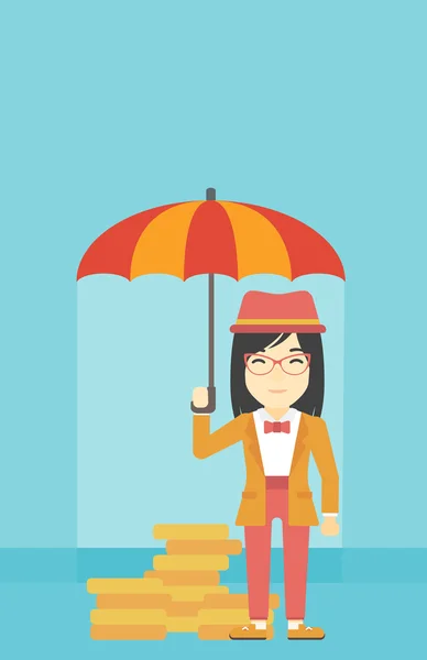 Ділова жінка з парасолькою, що захищає гроші . — стоковий вектор