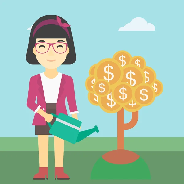 Frau gießt Geld Baum Vektor Illustration. — Stockvektor